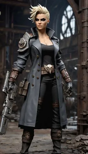 Ogryn female, Warhammer 40k, muscular, athletic build, short spiky hair, scar above left eyebrow, battle-worn face, cybernetic eye implant, mechanical arm, heavy bolter on back, leather trench coat, w