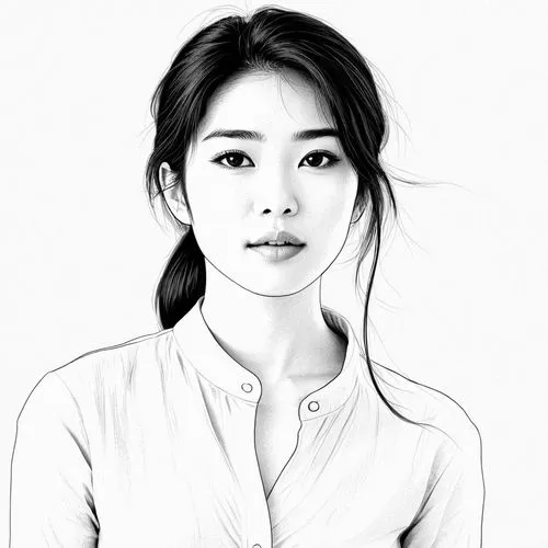 女生，白色衬衫，黑白，线稿，线条艺术,an artistic drawing of a woman wearing a white shirt,asian woman,vietnamese woman,japanese woman,girl portrait,heungseon,girl drawing,Design Sketch,Design Sketch,Black and white Com