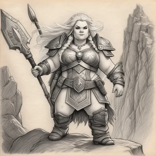 a stocky chubby female dwarf, Warcraft style, big blond hair, spear, standing on a cliff,female warrior,dwarf sundheim,barbarian,dwarf,paladin,half orc,warrior woman,fantasy warrior,dane axe,northrend