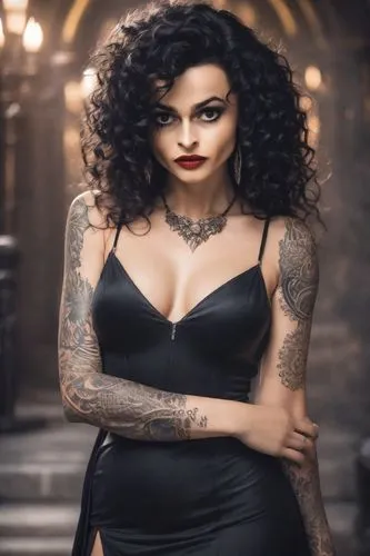 Beauty mature woman, dark and spicy vibes. Messy and exotic black dress  . Bad girl, Rebellious black long curly hair, euphoria series style. tattooed. Modern Hogwarts. Crazy vibes. ,bellatrix,catrina