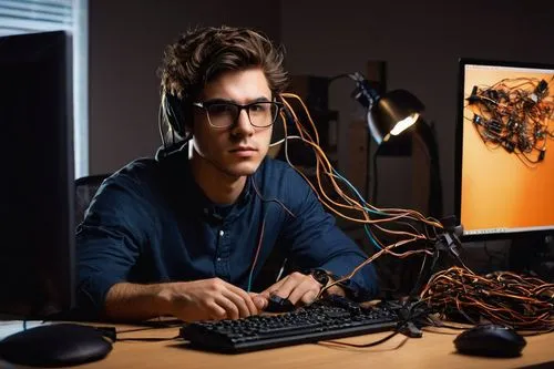 GIMP user, young adult male, casual clothing, messy brown hair, glasses, intense focused expression, installing plugin, computer desk, ergonomic chair, multiple monitors, cluttered workspace, wires an