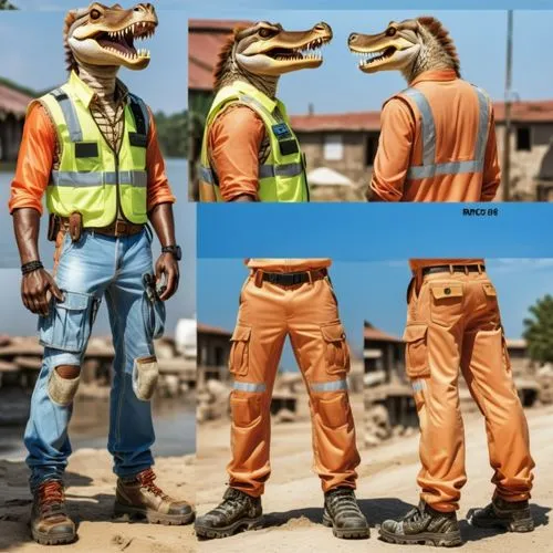 a collage of pos of the man in crocodile costume,construction worker,contractor,aligator,construction workers,gators,ladinos,Photography,General,Realistic