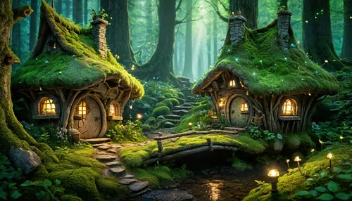 fairy village,fairy forest,elven forest,enchanted forest,fairytale forest,fairy house,house in the forest,druid grove,fairy world,forest glade,green forest,fantasy landscape,forest path,mushroom landscape,fantasy picture,cartoon forest,witch's house,cartoon video game background,greenforest,forest landscape