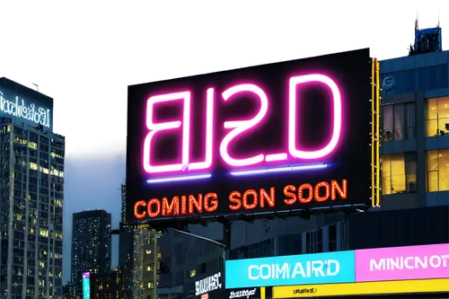 Coming soon billboard, urban cityscape, night scene, bright neon lights, bold font, countdown numbers, 3D effects, metallic frame, glass surface, shallow depth of field, low-angle shot, cinematic ligh