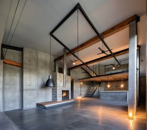 Concrete floor and walls,Oregon pine beams and columns on steel floor brackets,concrete block feature wall behind fireplace,industrial light fixtures  hanging from galvanized steel trunking frames ,lo