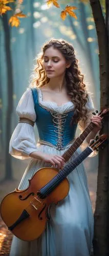 Female bard, standing, confident posture, curly long brown hair, intricate braids, silver circlet on forehead, bright blue eyes, gentle smile, rosy cheeks, elegant white shirt with billowy sleeves, ti