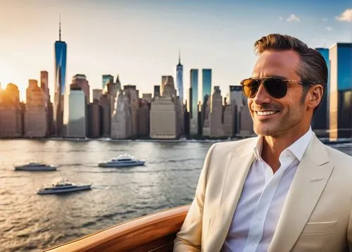 Manhattan skyscraper, modern architecture, luxury yacht, sunset cruise, Hudson River waterfront, wealthy businessman, middle-aged, suit, tie, sunglasses, confident smile, champagne flute, relaxed post