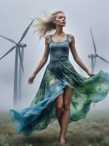 Create a romantic poem beauty gitl about wind turbines gracefully dancing in the mystic fog. 8K, high resolution, high detail, 
smooth, hyper realistic, fine skin texture,little girl in wind,fields of