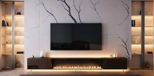 the large television has a decorative and elegant wall,contemporary decor,modern decor,minotti,fire place,fromental,credenza,Photography,General,Realistic