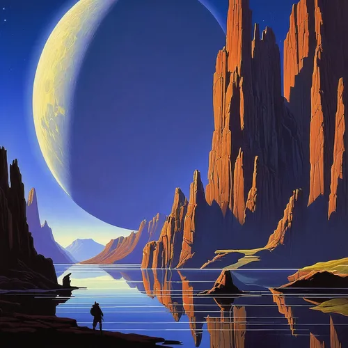 futuristic landscape,lunar landscape,moon valley,desert landscape,valley of the moon,desert desert landscape,moonscape,dune landscape,guards of the canyon,desert planet,earth rise,boat landscape,alien planet,canyon,navajo bay,fantasy landscape,space art,alien world,tranquility base,travelers,Conceptual Art,Sci-Fi,Sci-Fi 15