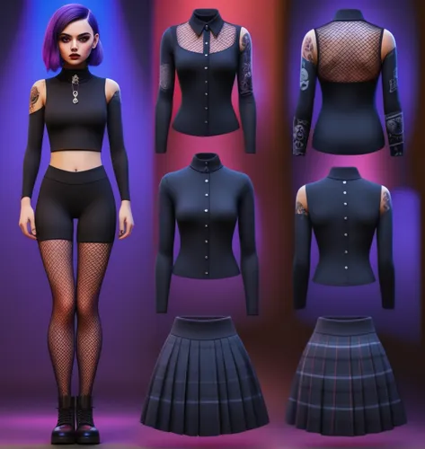 Paper doll goth purple haired girl in black sleeveless shirt ,black tight fit spandex shorts, complete full length fishnet and black boot standing surrounded by with a set of goth fashion clothing, sh