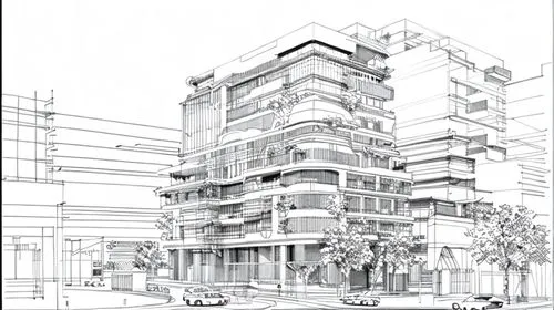 multistoreyed,kirrarchitecture,line drawing,street plan,architect plan,apartment building,high-rise building,residential tower,orthographic,mono-line line art,apartment block,multi-storey,building wor