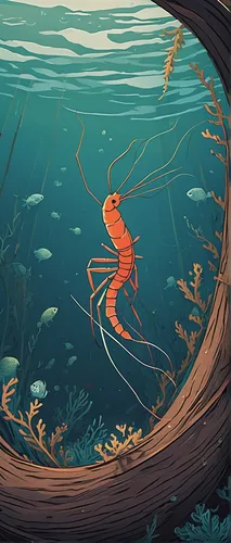 Write a heartwarming tale about a lonely barrel shrimp who forms an unlikely friendship with a small fish.,forest fish,mermaid background,kelp,mermaid vectors,koi pond,sea-life,koi,exploration of the 