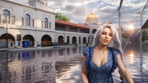 the blonde in the river,3d rendering,water palace,digital compositing,girl on the river,venetian,venetian hotel,3d rendered,cambodia,waterside,render,hallia venezia,visual effect lighting,riverside,dragon palace hotel,luxury property,bangkok,waterfront,girl in a historic way,resort