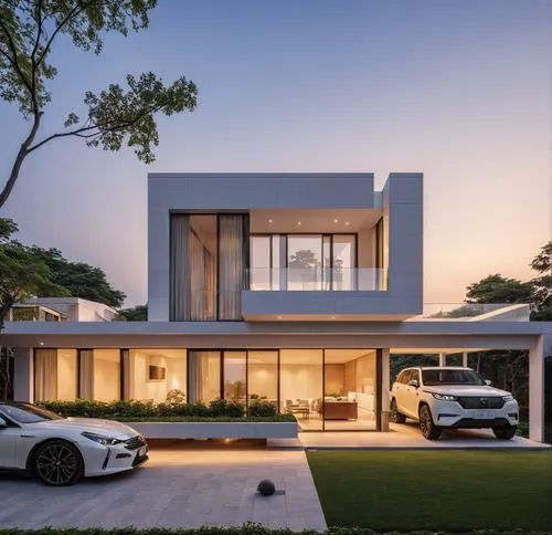 this is a modern home with two cars in front,modern house,modern architecture,fresnaye,smart home,cube house,dunes house,Photography,General,Realistic