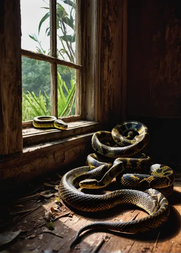 Write a suspenseful scene where a venomous snake slithers through an abandoned house.,african house snake,burmese python,carpet python,common garter snake,rat snake,garter snake,western terrestrial ga