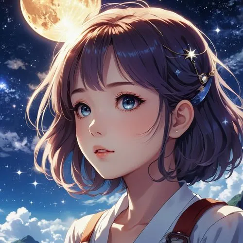 Anime girl looking up at the stars,starry sky,starry,moon and star background,stars and moon,stargazing,constellation,astronomer,falling star,night sky,falling stars,star sky,the moon and the stars,mo