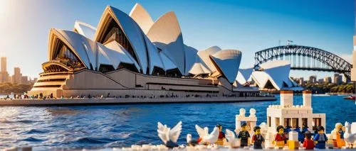 Sydney Opera House, iconic building, LEGO bricks, white tiles, arches, roofs, stairs, pillars, harbor waterfront, sunny day, blue sky, sailboats, seagulls flying, vibrant cityscape, busy street, peopl