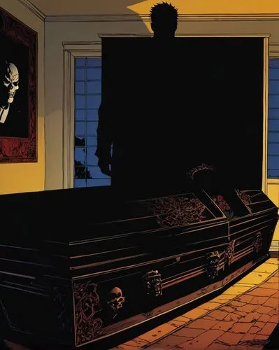 The shadow of a demon looms over a coffin in a living room at night,the person in the hallway has their head up and is next to a box,corben,deodato,brubaker,mignola,funeral,creepshow,Illustration,Amer