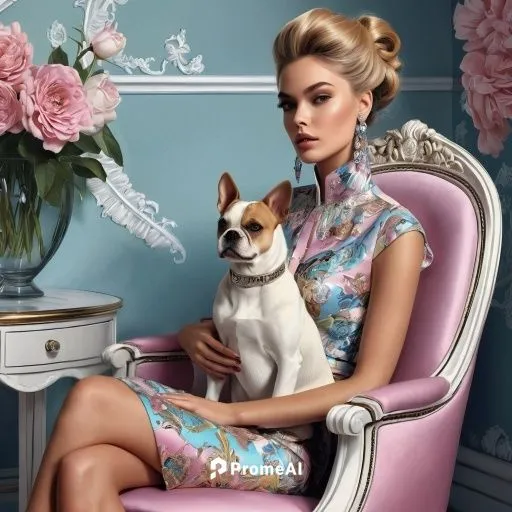 background,girl with dog,floral chair,blonde on the chair,havana brown,vintage fashion,fabulous,thai ridgeback,the french bulldog,vogue,sitting on a chair,female dog,beauty salon,luxury accessories,va