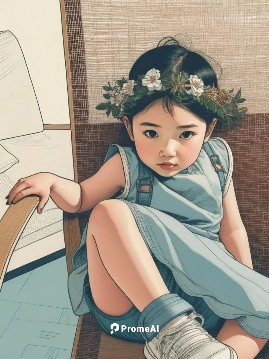 Line drawing of a human female child,illustration of a  with floral headband, sitting on the floor,himawari,kommuna,coloring,girl sitting,kids illustration,zhiyuan,Illustration,Vector,Vector 03