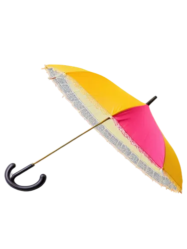 Umbrella, colorful polka dots, rounded handle, metal tip, open umbrella, standing upright, bright pink, yellow, blue, white, soft fabric, delicate lace trim, subtle shading, warm lighting, 3/4 composi