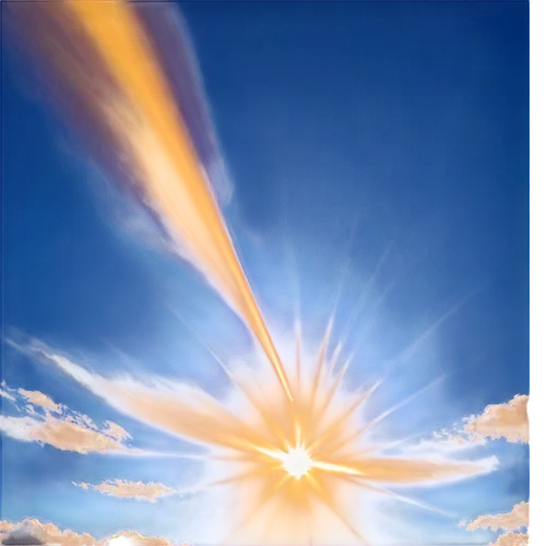 Golden sun, shining bright, rays spreading outwards, soft warm light, gentle glow, morning scene, blue sky with few clouds, solo object, centered composition, 3/4 view, shallow depth of field, vibrant