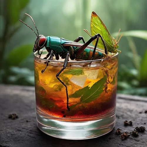  装满虫子的鸡尾酒 (Insect Cocktail)
这款极具挑战性的鸡尾酒，杯中漂浮着各种昆虫，如蝗虫、蚂蚱和蟋蟀。每一口都带着酥脆的口感和独特的风味，虽然看似可怕，但大胆的尝试者会发现其中别有洞天，仿佛踏入一场原始丛林的冒险。,cocktail garnish,shrimp cocktail,prawn cocktail,western conifer seed bug,oriental c