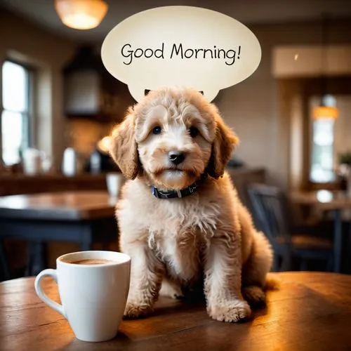 CUTE fluffy labradoodle PUPPY is sitting before a verry steamed coffee cupwith a big speech bubble with the sign " GOOD MORNING "
,make the day great,good morning,morning,cute puppy,good morning indon