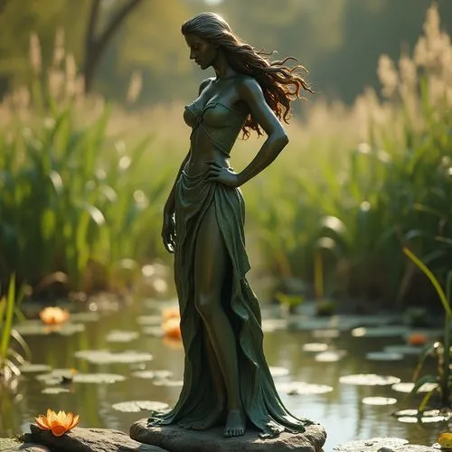 Bronze statue, natural wetland, elegant lady, flowing hair, green dress, standing, one leg bent, hand on hip, surrounded by water lilies, tall reeds, cattails, serene atmosphere, warm sunlight, soft f