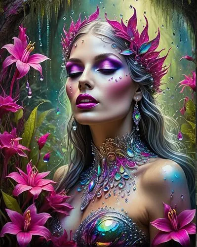 fantasy portrait,elven flower,faerie,faery,flower fairy,fantasy art,beautiful girl with flowers,fairy queen,fantasy picture,splendor of flowers,flora,garden fairy,girl in flowers,mermaid background,fairy peacock,tropical bloom,neon body painting,wreath of flowers,exotic flower,lilac blossom,Illustration,Realistic Fantasy,Realistic Fantasy 40