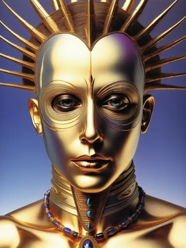 a futuristic portrait wearing large golden metal spikes and a necklace,golden mask,gold mask,golden crown,goldtron,transhuman,mechanoid,goldsun,cybernetic,cybernetically,humanoid,biomechanical,softima