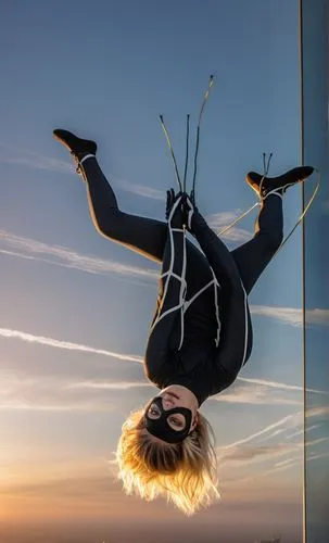 a photography of a beautiful caucasian blonde girl 22 years old, she is wearing a black mask and a black and white suit of spider woman of Marvel, she is head stop holding whit your hands some cables 