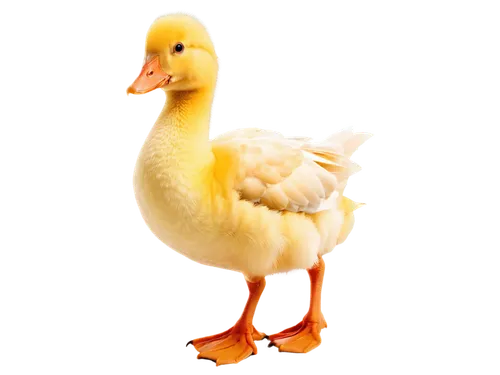 Yellow duck, PMG style, shiny feathers, orange beak, webbed feet, white neck ring, fluffy tail, standing, relaxed pose, warm lighting, soft focus, 3/4 composition, blurred background, natural texture.