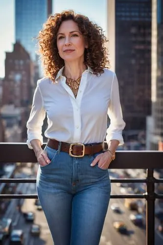 American, mature lady, solo, (35yo), curly brown hair, subtle makeup, elegant necklace, white blouse, high-waisted denim jeans, brown leather belt, sneakers, standing, streets of New York City, skyscr