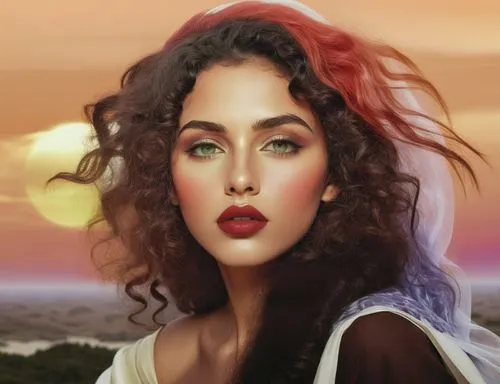 
 nude Beautiful arab girl, full dark curly hair, big green eyes, full red lips, misty sky,a woman with her long, curly hair in front of a sunset and some hills,tropico,jauregui,melora,carice,world di