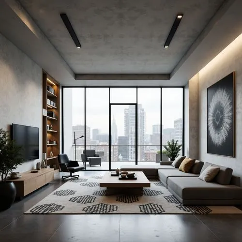 Minimalist living room, monochromatic color scheme, sleek low-profile furniture, polished concrete floors, industrial-chic lighting fixtures, geometric patterned rugs, modern abstract artwork, floor-t