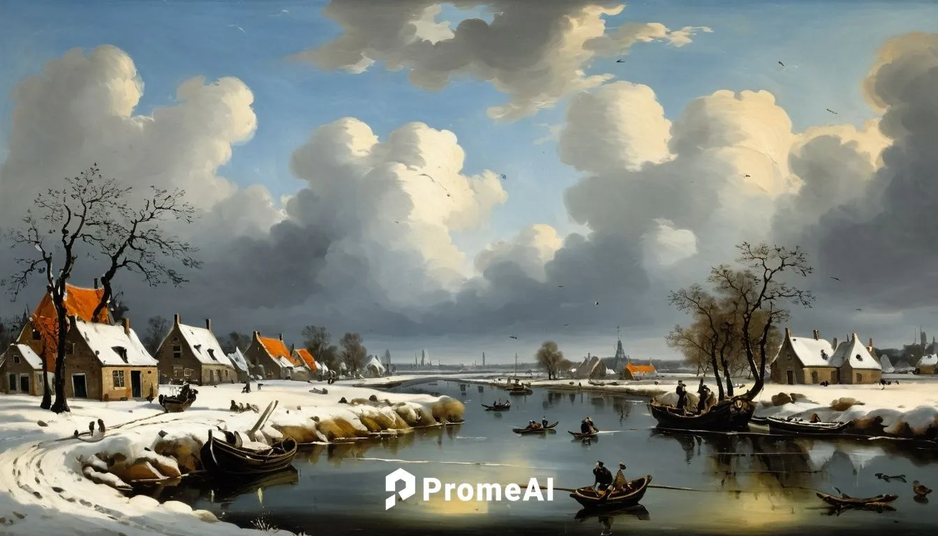 A very beautiful painting about Dutch Landscape, during 1700s, dutch golden age, winter landscapes, rural scenes with animals, seas, rivers, city landscapes, forests, Jacob van Ruisdael style, Amsterd