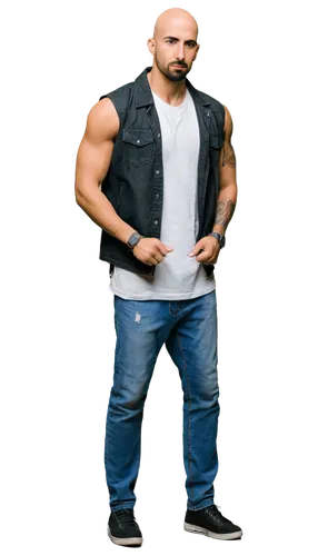 Bald Hispanic man, strong facial features, thick eyebrows, prominent nose, short beard, muscular build, sleeveless shirt, tattoos on arms, ripped jeans, sneakers, confident posture, hands in pockets, 