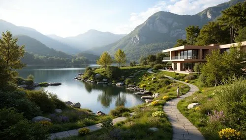 3d rendering,house with lake,house in the mountains,home landscape,render,house in mountains,alpine landscape,rivendell,lake view,landscape background,landscaped,house by the water,alpine lake,alpine village,oberland,pleso,3d rendered,amanresorts,mountain valley,salt meadow landscape