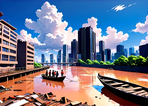 futuristic landscape,post-apocalyptic landscape,world digital painting,floods,artificial island,flood,flooded,japan landscape,panoramical,city scape,tokyo city,artificial islands,fantasy city,e-flood,sci fiction illustration,virtual landscape,odaiba,industrial landscape,post-apocalypse,destroyed city,Illustration,Japanese style,Japanese Style 03