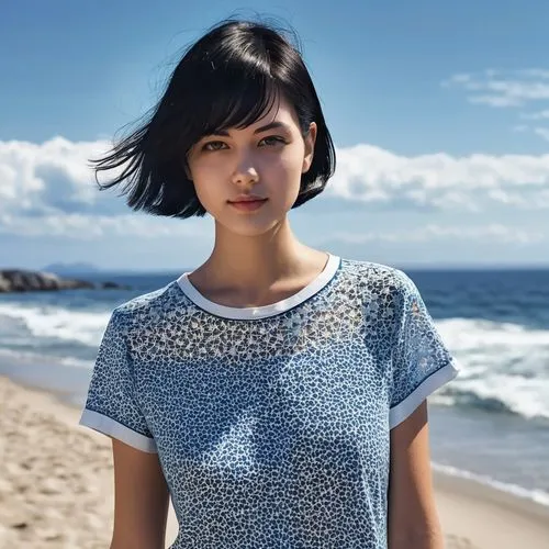 (((paper cutting style))), 1 girl, short black hair, straight hair, portfolio, shirts, denim, ocean and sky,the woman is posing on the beach in front of the water,utada,doona,akimoto,mirena,beach back