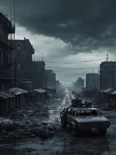 9 composition, low-key tone, cinematic mood, cold colors.,post-apocalyptic landscape,destroyed city,black city,post apocalyptic,apocalyptic,darktown,stalingrad,varsavsky,apocalyptically,cosmodrome,was