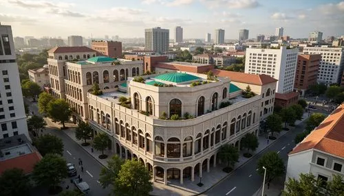 Majestic residential buildings, Romanesque architecture, ornate stone carvings, grand archways, rusticated columns, vibrant green roofs, urban cityscape, bustling streets, modern amenities, mixed-use 