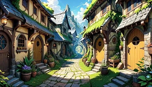 fairy village,knight village,aurora village,alpine village,escher village,druid grove,mountain settlement,medieval street,3d fantasy,fantasy landscape,wooden houses,fantasy world,medieval town,mountain village,cartoon video game background,dandelion hall,fantasy city,fairy world,fantasy picture,medieval architecture