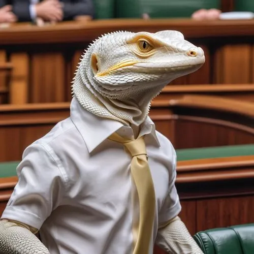 albino monitor lizard wearing pure white collared shirt in parliament,a lizard that is dressed in a shirt and tie,sotir,parliamentarian,tymoshenko,sejm,pokrajac,legislator,Photography,General,Realisti