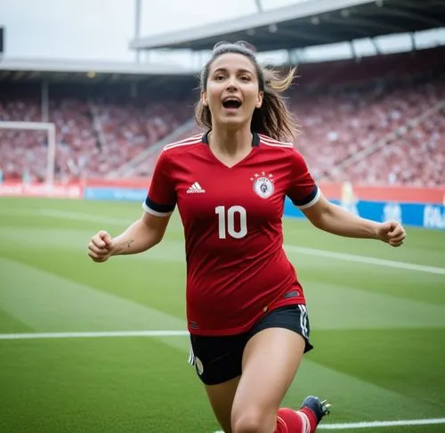 Same person wearing soccer cleats, soccer socks, soccer pants, bra. She scored a goal on a soccer pitch and celebrating by holding her res soccer jersey in her hand. she is running up the pitch near t