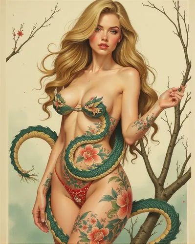 viveros,medusa,serpent,tattoo girl,snake charming,serpiente,Illustration,Retro,Retro 01