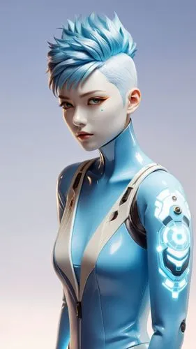 suit, Mohawk haircut with shaved sides,an illustration of the female character avatar in a futuristic sci sci - fior suit,liara,satari,asari,cortana,andorian,morphogenetic,Unique,3D,3D Character