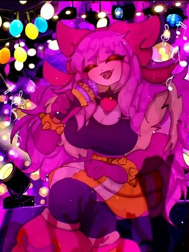 انوار الحفلة مع تكملة ربطة شعر الفتاه,an anime woman is wearing purple hair and holding a microphone,susie,satori,komuna,confetti,noyori,gyori,decora,ndoki,junko,mae,fundora,fairy galaxy,colorful dood